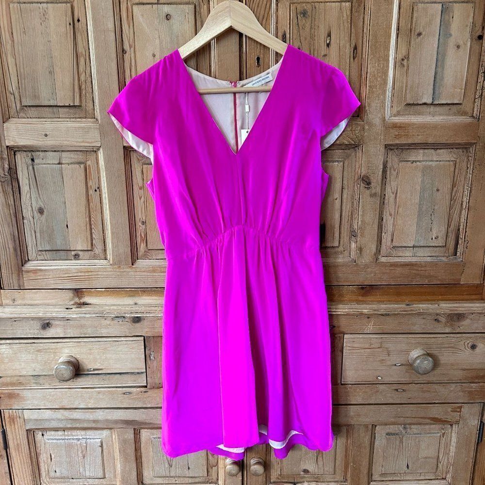Lavender Brown Small Hot Pink Dress Fuschia V-Neck Fit and Flare Silk Barbie NEW - Picture 1 of 8